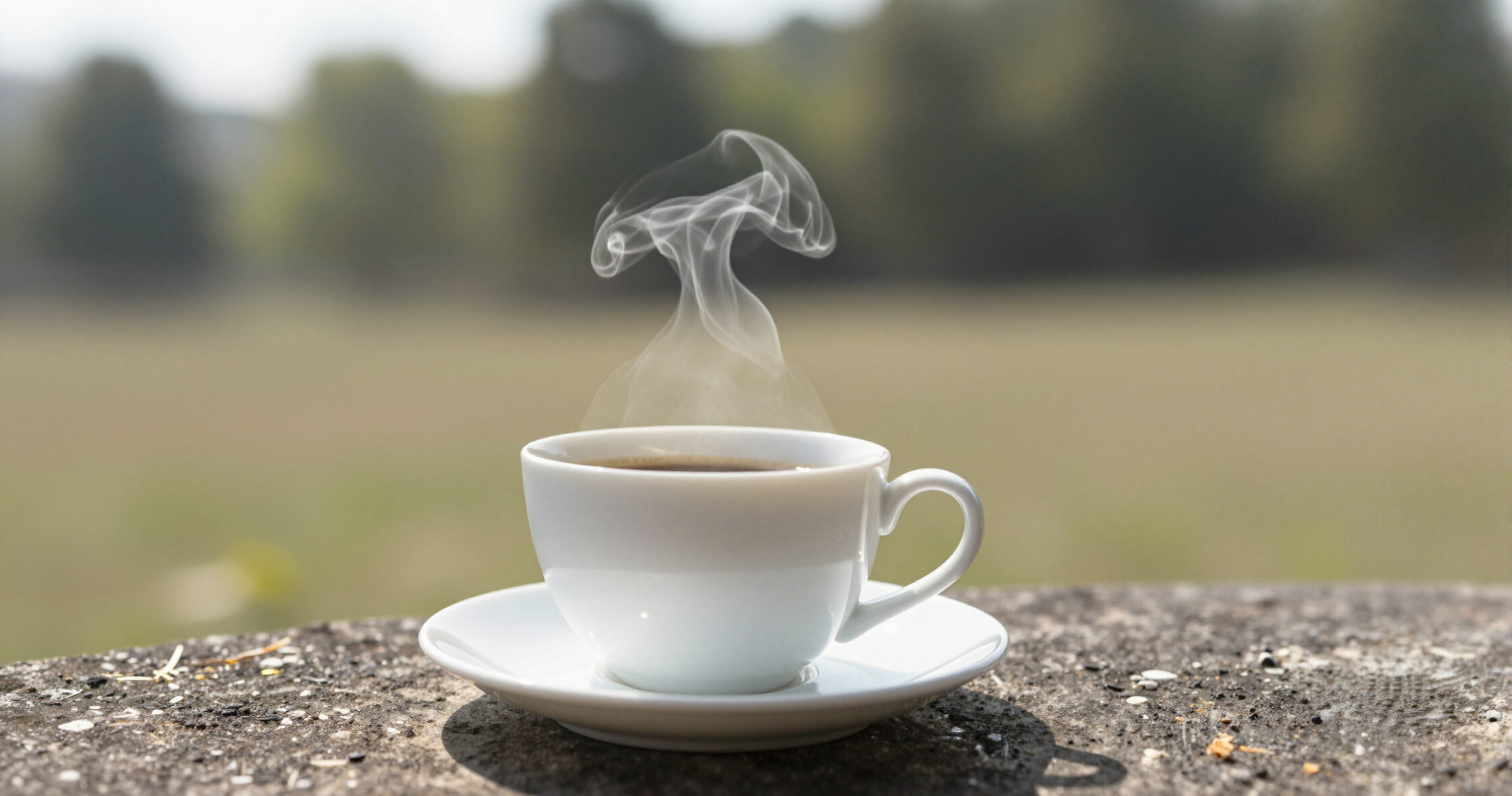 A cup of coffe with steam. Field of view. Summertime